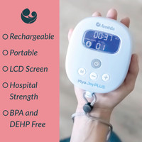 Close up of rechargeable electric breast pump showing LCD screen and USB-C charging port