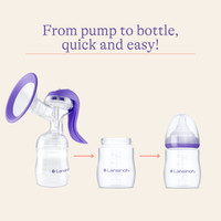 Lansinoh pump-store-feed system with bottle, nipple, and cap ready for feeding