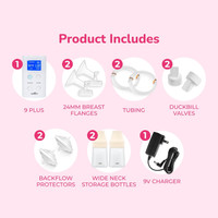 Complete hands-free pumping system including Spectra 9 Plus pump, CaraCups, and flange sizes