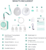 Complete Motif Roam kit including pump motor, collection cups, tubing, flange inserts, lanyard, USB-C cable, and power adapter