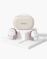 Momcozy M5 double wearable breast pump set with two pumps and hard-shell storage bag on white background