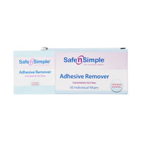 A hand holding an opened Safe N Simple Adhesive Remover Wipe