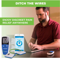 AccuRelief wireless pain relief device being used on knee – effective for joint and muscle pain