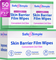 A hand holding an opened Safe N Simple Skin Barrier Film Wipe