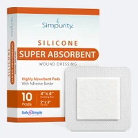 Safe N' Simple super absorbent dressing showcasing its 2x2 pad and 4x4 border size