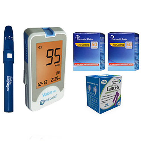 Clever Choice Voice HD Meter [+] Pharmacist Choice 100 Test Strips, Lancing Device & Lancets For Glucose Care
