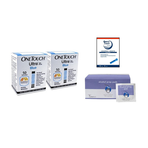 OneTouch Ultra Blue 100 Test Strips Strips [+] 30G Lancets & Alcohol Swabs For Glucose Care