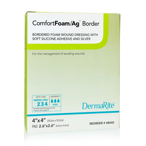 Comfortfoam Bordered Foam Wound Dressing With Silver And Soft Silicone Adhesive, 4" X 4" [ 10 Pack ]