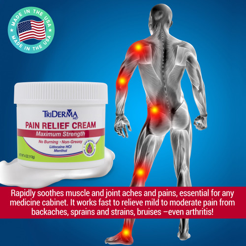 TriDerma pain relief cream jar front view – FSA HSA eligible topical analgesic for back pain, muscle strains and joint discomfort