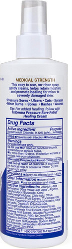 Applying TriDerma wound cleanser spray to pressure sore – gentle no-rinse formula with AP4 Aloe and Niacinamide