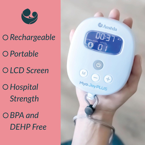 Close up of rechargeable electric breast pump showing LCD screen and USB-C charging port