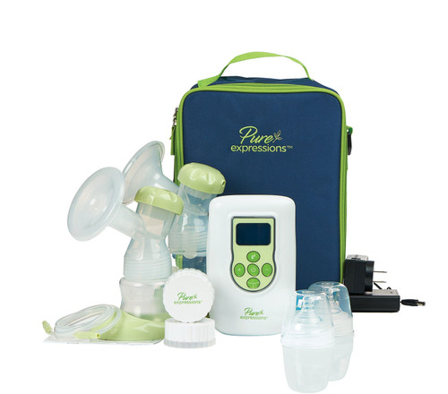 Drive Pure Expressions dual channel electric breast pump with designer carry bag on white background