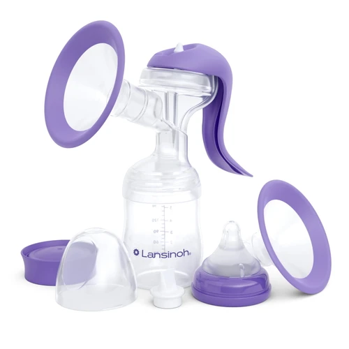 Lansinoh manual breast pump with ergonomic easy-express handle on white background