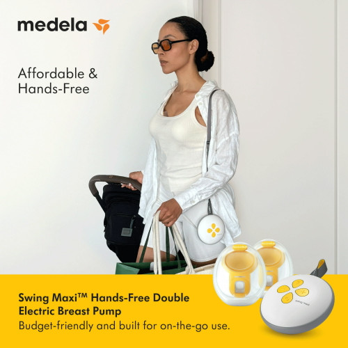 Complete Swing Maxi Hands-free kit including pump, collection cups, breast shields, tubing, lanyard, and power adapter