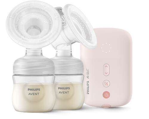 Philips Avent double electric breast pump advanced with motor unit and expression kits on white background