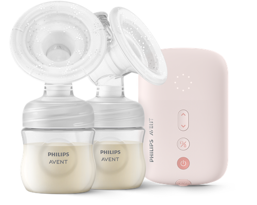 Philips Avent double electric breast pump advanced with motor unit and expression kits on white background