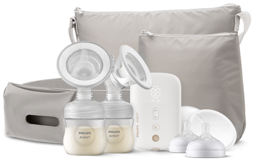 Philips Avent double electric breast pump rechargeable with motor unit, bottles, and travel bag on white background