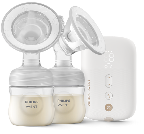 Complete Philips Avent rechargeable kit including pump, expression kits, bottles, travel bag, belt, pouch, and USB adapter