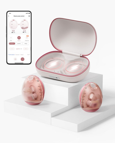 Momcozy Air 1 ultra-slim wearable breast pump with wireless charging case on white background