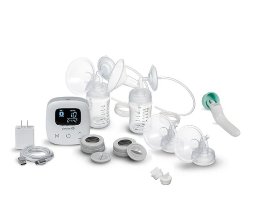 Complete P1 bundle including pump motor, M1 manual handle, USB-C cable, adapter, tubes, breast shields, bottles, and valves