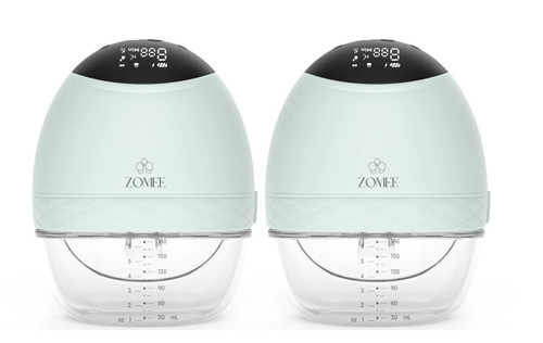 Zomee Fit wearable hands-free breast pump with complete kit on white background