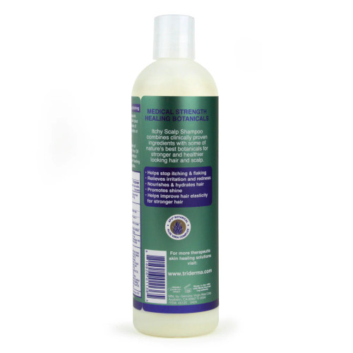 Pouring TriDerma tea tree shampoo into hand – clear, refreshing liquid for calming dry, irritated scalp