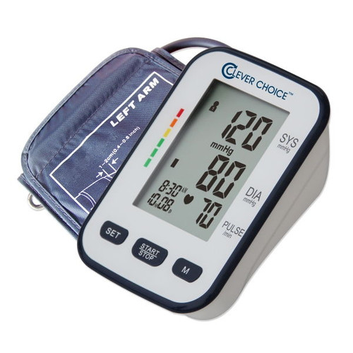 Clever Choice talking blood pressure monitor Model SDI-1886 with WHO chart reference – green, yellow, and red result categories