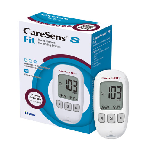 CareSens Fit S meter front view – large, easy-to-read display with Range Indicator symbols for normal, high and low