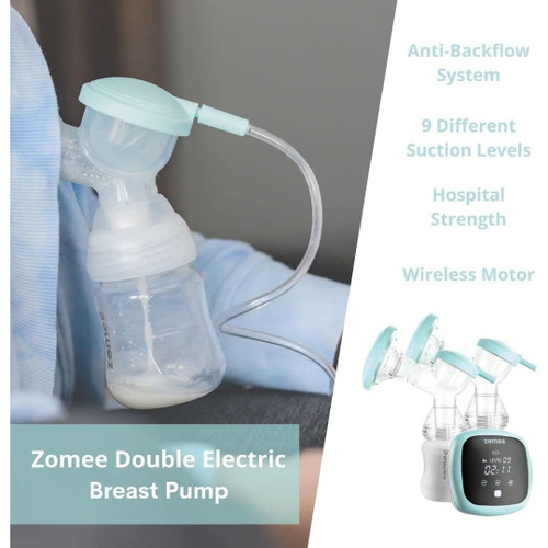 Zomee Z1 double electric breast pump being used – ultra-quiet operation for discreet pumping anywhere