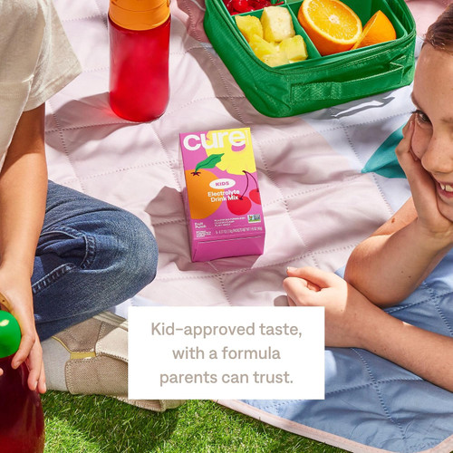 Cure Kids hydrating electrolyte drink mix in Fruit Punch flavor.