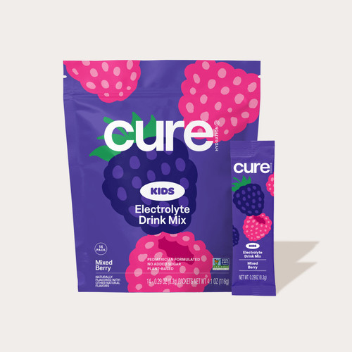 Cure Kids hydrating electrolyte drink mix in Mixed Berry flavor