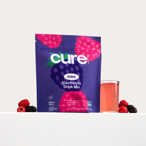 Pouch of Cure Kids plant-based hydration powder with 14 single-serving packets