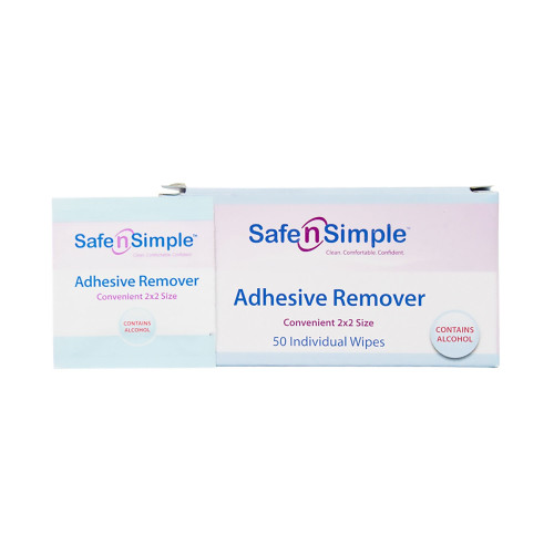 A hand holding an opened Safe N Simple Adhesive Remover Wipe