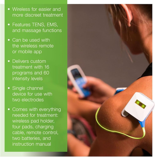 AccuRelief wireless pain relief device being used on back – drug-free pain relief without wires