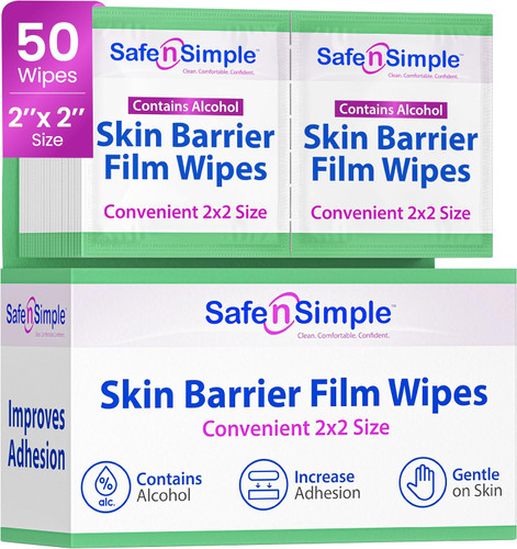 A hand holding an opened Safe N Simple Skin Barrier Film Wipe