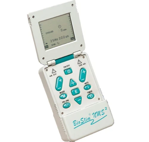 BioStim NMS2 digital muscle stimulator device on a table with electrodes