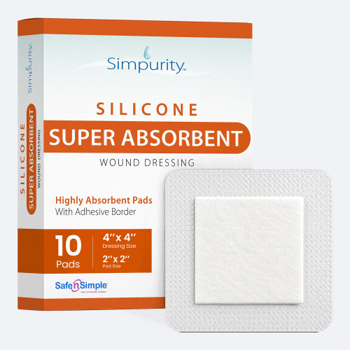 Safe N' Simple super absorbent dressing showcasing its 2x2 pad and 4x4 border size