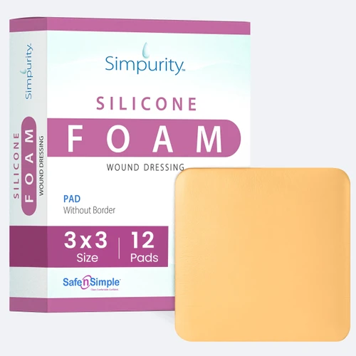 Safe N Simple 3x3 silicone foam wound dressing packaging