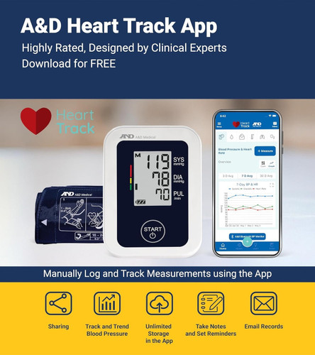 Close-up of A&D Medical blood pressure monitor display showing readings