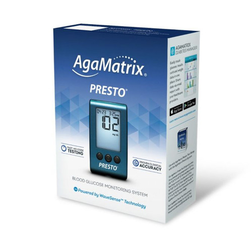 AgaMatrix Presto meter with test strip inserted