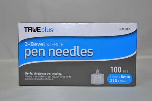 TRUEplus Sterile, Single-Use Pen Needles, 31g, 8mm (5/16 inch) - 100/Box