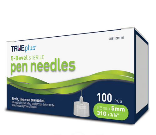 TRUEplus 5-Bevel Sterile, Single-Use Pen Needles, 31g, 5mm (1/4 inch) - 2 Pack