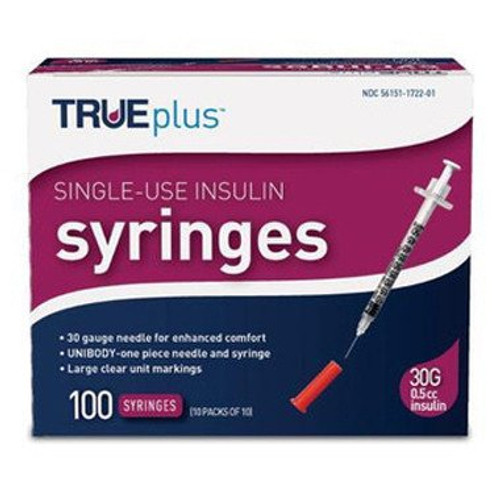 TRUEplus U-100 Insulin Syringe 30G x 5/16" - 0.5 cc 100 ct #S4H01B30