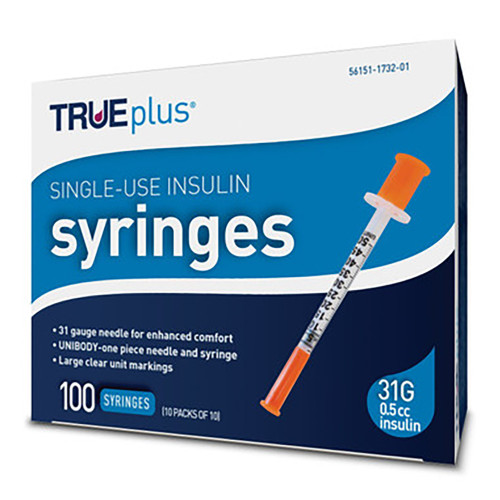 TRUEplus U-100 Insulin Syringe 31G x 5/16" - 0.5 cc 100 ct #S4H01B31