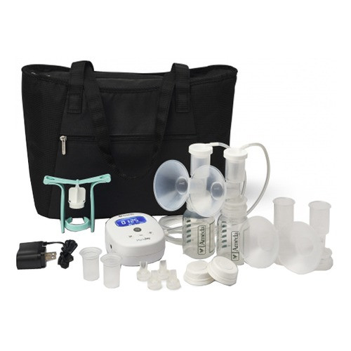 Complete Ameda Mya Joy kit including pump, large tote bag, cooler bag, bottles, flanges, and manual pump