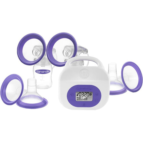 Lansinoh wearable breast pump with 8oz cups and four flange sizes on white background
