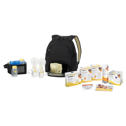 Medela Pump In Style Advanced breast pump kit with backpack solution set on white background