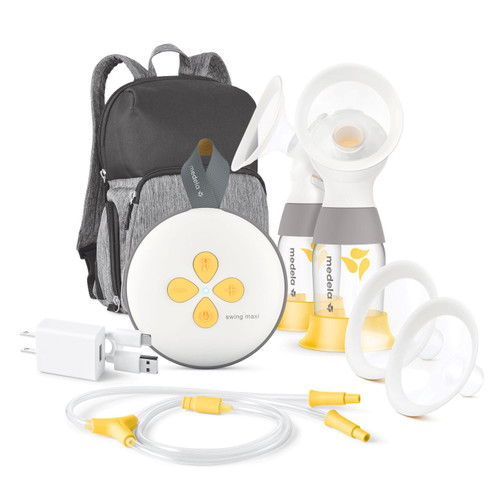 Medela Swing Maxi double electric breast pump with rechargeable battery and carry backpack on white background