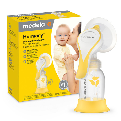 Medela Harmony manual breast pump with PersonalFit Flex shield and bottle on white background