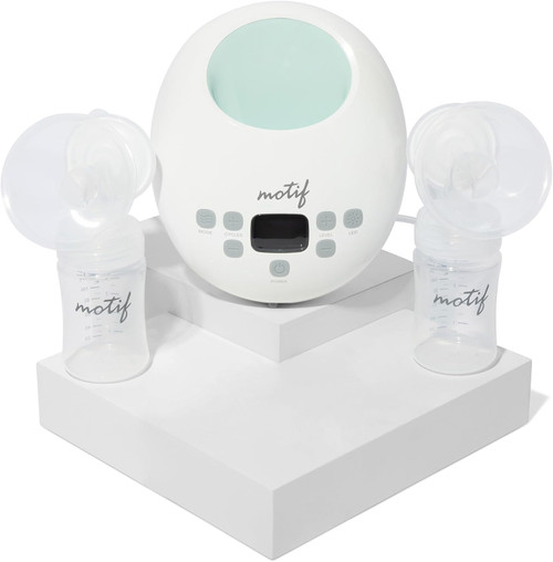 Motif Luna double electric breast pump with battery on white background showing complete kit